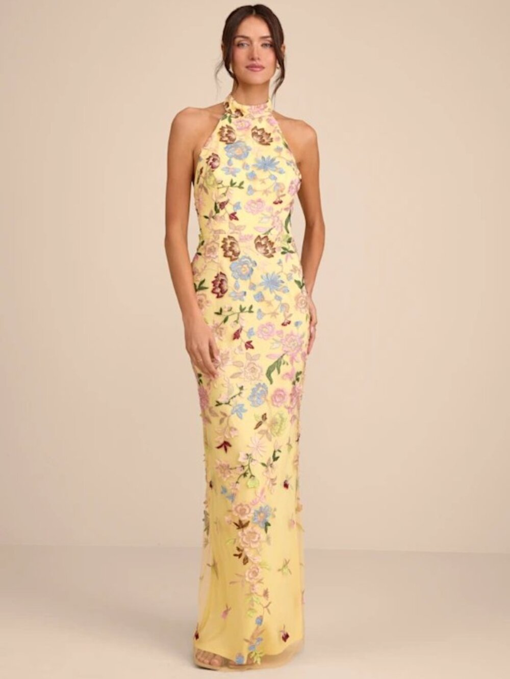 Infinite Praise Yellow 3D Floral Embroidered Halter Dress